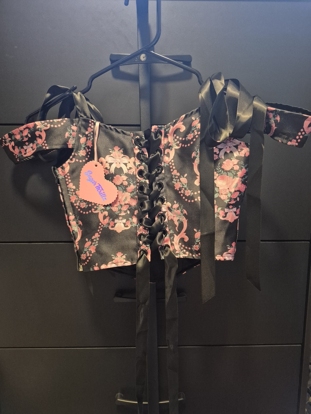 Sugar Thrillz-Black Corset Crop Top with Pink Floral Print - Picture 2 of 5